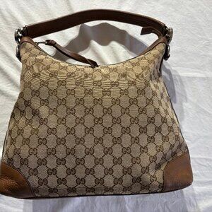 Gucci GG Canvas Shoulder Bag / Hobo - Brown Leather Trim